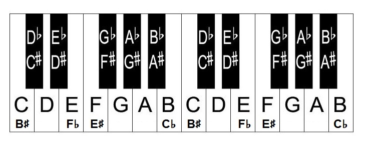 Piano keys and notes layout